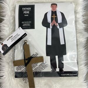 Father Preist Costume NEW black robe white Stole collar cross necklace Halloween